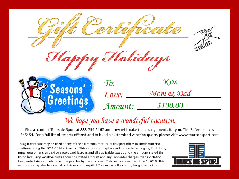 Tours de Sport Gift Certificate